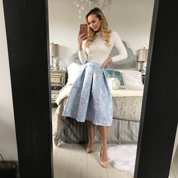 Spring Light Blue and Pink Flare Pleated Skirt - Picture 6 of 8